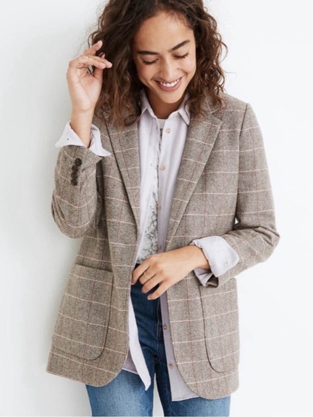MADEWELL Larsen Blazer Wool Blend Plaid Brown Pink Academia Collegiate US L